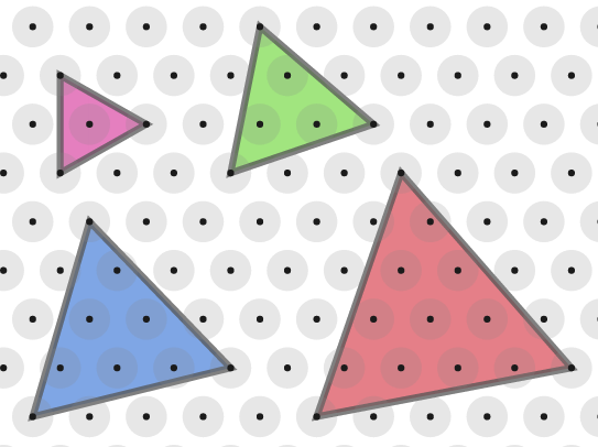 Four equilateral triangles drawn on an isometric grid with the bottom right corner on the line above the bottom left hand corner