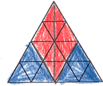triangle coloured with red and blue in symmetrical design