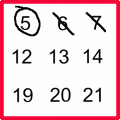 3 by 3 square, with numbers 5 (circled), 6 (crossed out), 7 (crossed out) on the top line, 12, 13, and 14 on the middle line, and 19, 20 and 21 on the bottom line.