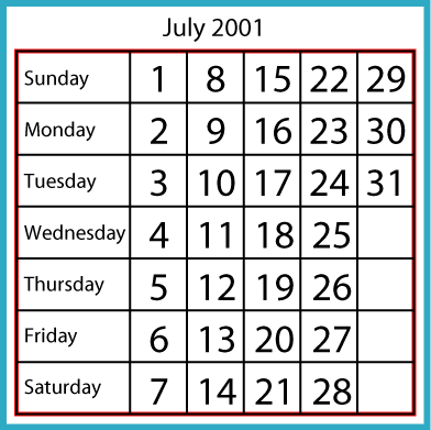 Calendar for July 2001.
