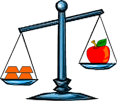 Scales with weights and apple.