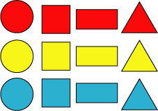 Set of Shapes: circles, squares, oblongs and triangles of colours red yellow and blue.