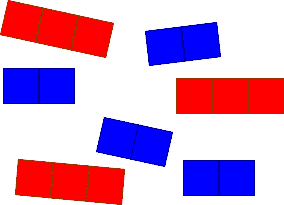 A group of sticks, with blue sticks 2 cubes long and red sticks 3 cubes long.