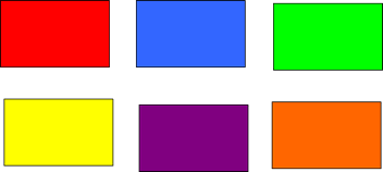 Two rows of three rectangles. Top row from left to right: red, blue green. Bottom row from left to right: yellow, purple, orange