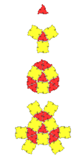1 triangle, triangle with square on each side, 6 more triangles added - 2 between each square, 6 more squares added - one on edge of each triangle