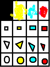 1st row:yellow square, blue square, red square. 2nd row: yellow triangle, blue triangle, red triangle. 3rd row: yellow circle, blue circle, red circle
