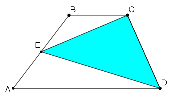Trapezium ABCD, E is the midpoint of AB, Triangle CED is shaded blue.