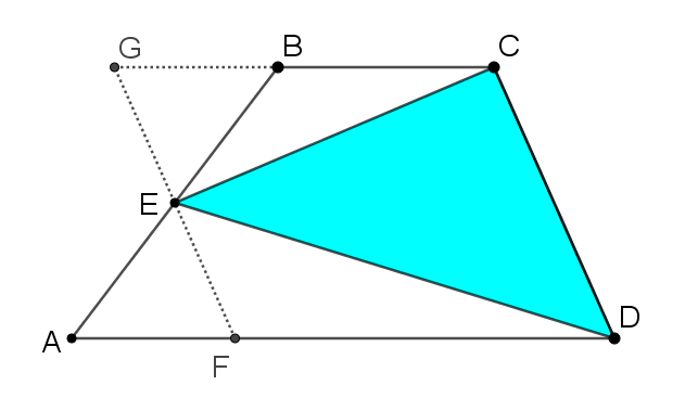 Trapezium ABCD, E is the midpoint of AB. The line through E parallel to CD has been added. It intersects AD at F, and the continuation of BC at G. 