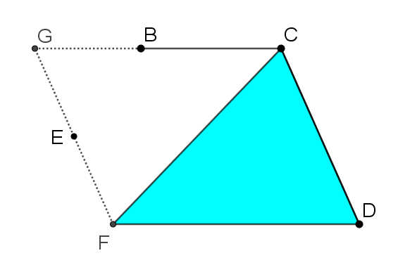 Lines from the previous picture have been erased to leave parallelogram FGCD. Triangle FCD is shaded in the same blue as the original triangle in the first image.