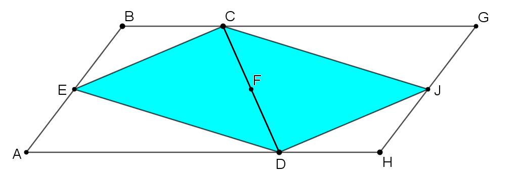 Trapezium ABCD, E and F are midpoints of AB and CD. Triangle CED is shaded blue. The whole shape has been rotated 180 degrees around point F.