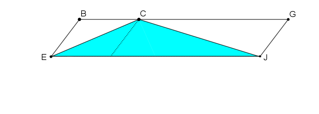 AEFD has been rotated 180 degrees around F to create a parallelogram EBGJ. Triangle ECJ is shaded blue.