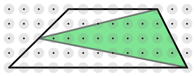 Trapezium, parallel sides length 6 and 12, height 4 units. The midpoint of the left side is joined to the vertices on the right side to form a triangle, shaded green.