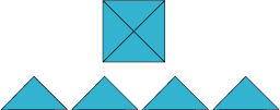 A blue square with diagonals marked, and below it, four blue isosceles right angled triangles
