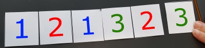 A line of digit cards: 1, 2, 1, 3, 2, 3.