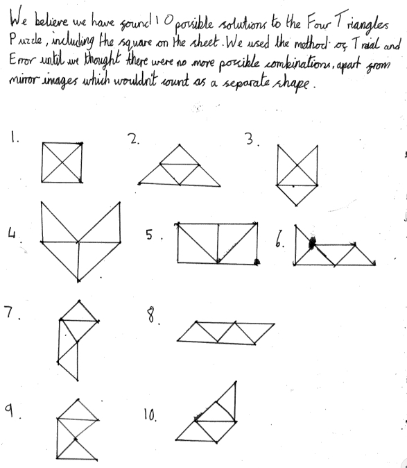 A scan of Zac and Olly's work, a handwritten explanation that they found 10 solutions, followed by diagrams showing each solution they found.