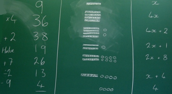 Photo of a blackboard showing three methods for working out what is left