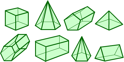 eight polyhedra: cube, pentagonal based pyramid, pentagonal prism, square based prism, hexagonal prism, cuboid, hexagonal based prism, triangular prism
