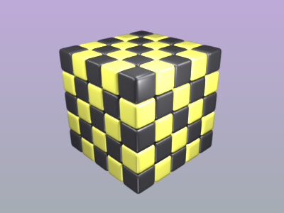 A 5 by 5 by 5 cube in a yellow/black chequerboard