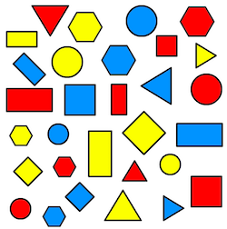 2D shapes triangles, circles, hexagons, squares, oblongs in three different colours (red, blue and yellow) and two different sizes