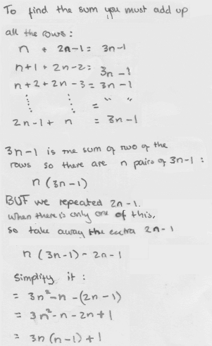 student's method is adding up pairs of rows to make n pairs of (3n-1), with the 2n-1 row counted twice, giving a total 3n(n-1) +1