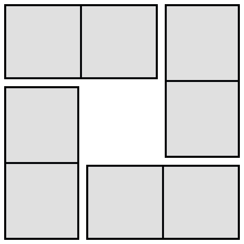 Blank square of four dominoes, with one whole domino and one half domino on each side.