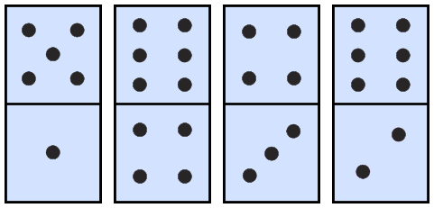 Dominoes with these dots: 5 and 1; 6 and 4; 4 and 3; 6 and 2.