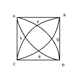 square ABCD of sides 10 cm, with 4 quadrants of radius 10cm constructed using the corners of the square as centres.