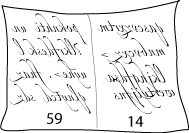 Adjacent pages of a book with page numbers 59 on the left page and 14 on the right page.