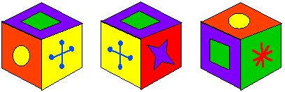 1st cube - top face=square, left face=circle, right face =blue cross. 2nd cube - top face=square, left face=blue cross, right face=purple star. 3rd cube - top face=circle, left face=square, right face=red star