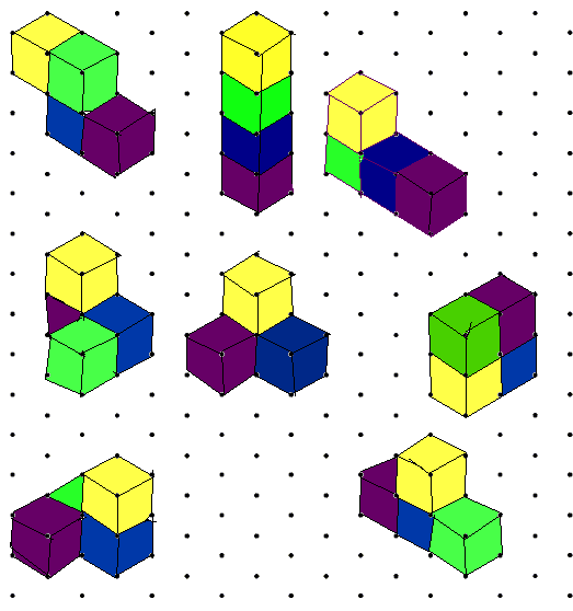 eight arrangements of four cubes joined together