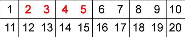 Numbers 1-20 arranged in numerical order in 2x10 grid with 1-10 on top row, 11-20 on bottom row. Numbers 2-5 are in red