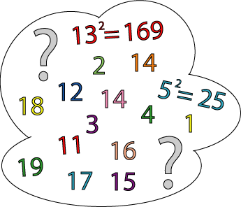 several numbers ranging from 1 to 19. 13 squared = 169 given and 5 squared = 25 given