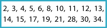 Numbers given: 2, 3, 4, 5, 6, 8, 10, 11, 12, 13, 14, 15, 7, 19, 21, 28, 30, 34