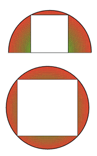 Picture of square inside a circle and square inside a semi-circle of the same diameter