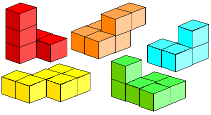 six shapes made from small cubes