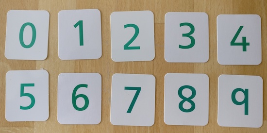 Ten cards showing the numbers 0, 1, 2, 3, 4, 5, 6, 7, 8 and 9