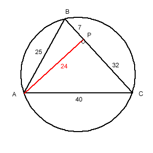 Triangle ABC with AB = 25, AC = 40 and BC=39. Dropa perpendicular from A to BC meeting BC at P - this divides BC into two parts of lengths BP=7 and PC=32. AP is perpendicular to BC and AP = 24 (Pythagoras theorem)