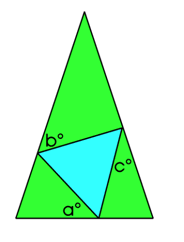 An isoceles triangle circumscribing and equilateral triangle with angles between the vertices of the equilateral triangle and isosceles triangle of a, b and c