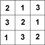 Top row L to R 213; 2nd row 321; 3rd row 132