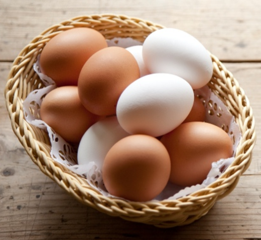 Basket of brown and white eggs
