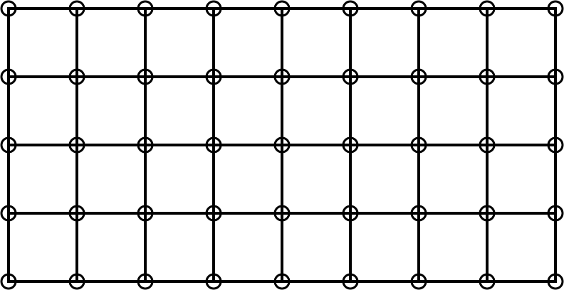 32 squares stuck together as four rows of eight with circles at each corner.