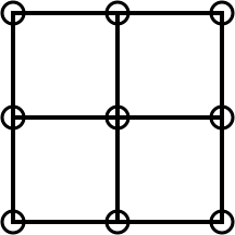 Four squares stuck together in a square arrangement with circles at each corner.