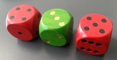 Red dice with 4 dots on the top; green dice with 3 dots on the top; red dice with five dots on the top