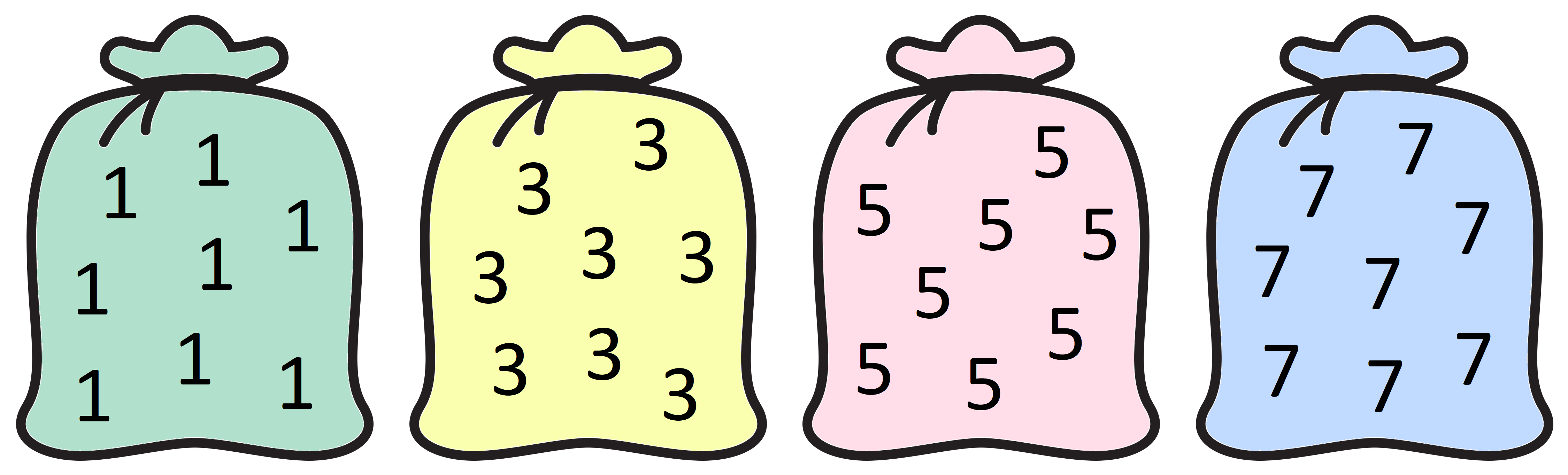 First bag contains eight 1s; second bag contains eight 3s; third bag contains eight 5s; fourth bag contains eight 7s