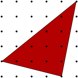 Red triangle formed on a dotty grid by joining (5,5), (0,1) and (4,0)