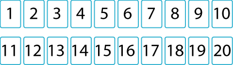 Two rows of ten number cards, the top row from 1-10, and the bottom row from 11-20