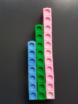 7 blue cubes, 9 green cubes and 11 pink cubes in three adjacent towers