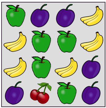 Screenshot of Fruity Totals interactivity, showing various fruit in a 4 by 4 array