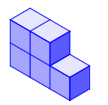 Five small cubes, four joined in a square and a fifth sticking out in the same plane (or a row of two on top of a row of three)