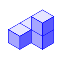 A line of two cubes horizontally, joined to the left of the base of a tower of two cubes stacked vertically.